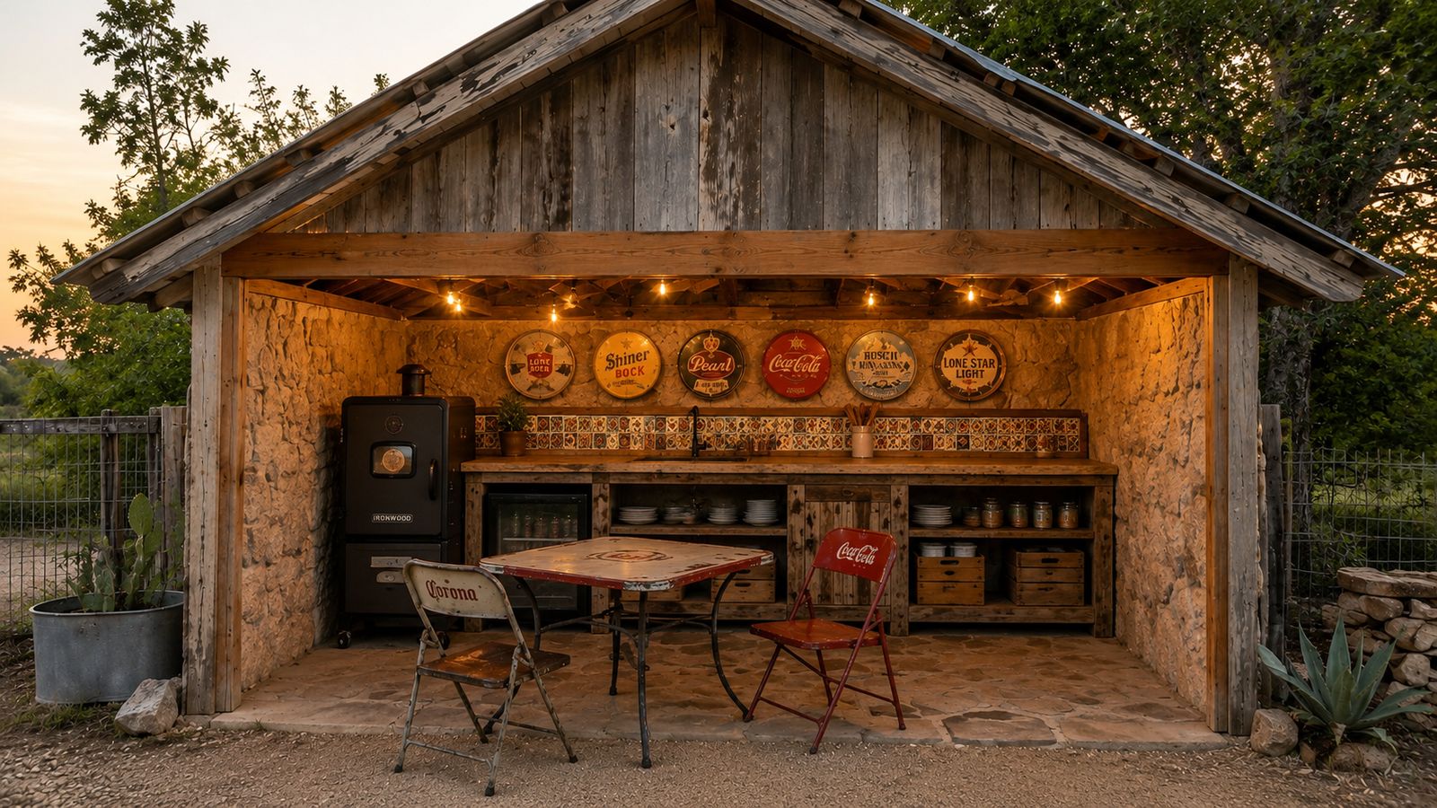 Concept rendering: rustic cookhouse with an open front, outdoor kitchen, and vintage signs