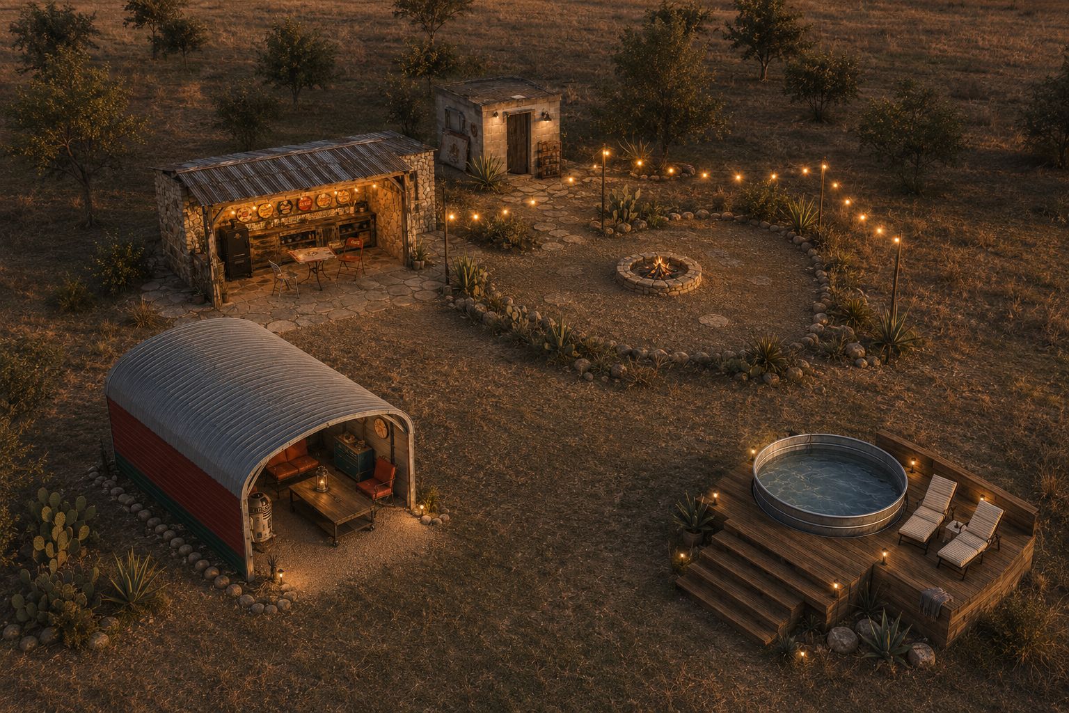 Concept rendering: aerial view of a courtyard with a fire pit circle, cookhouse, and stock tank pool