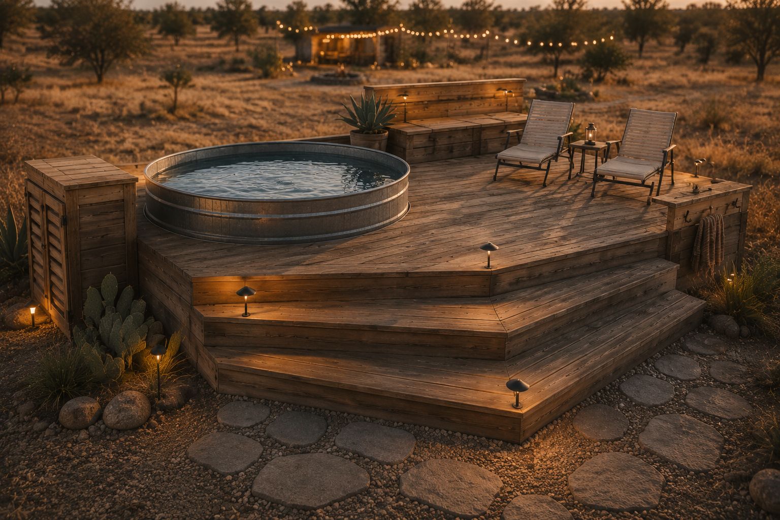Concept rendering: round galvanized stock tank pool on a wooden deck at dusk